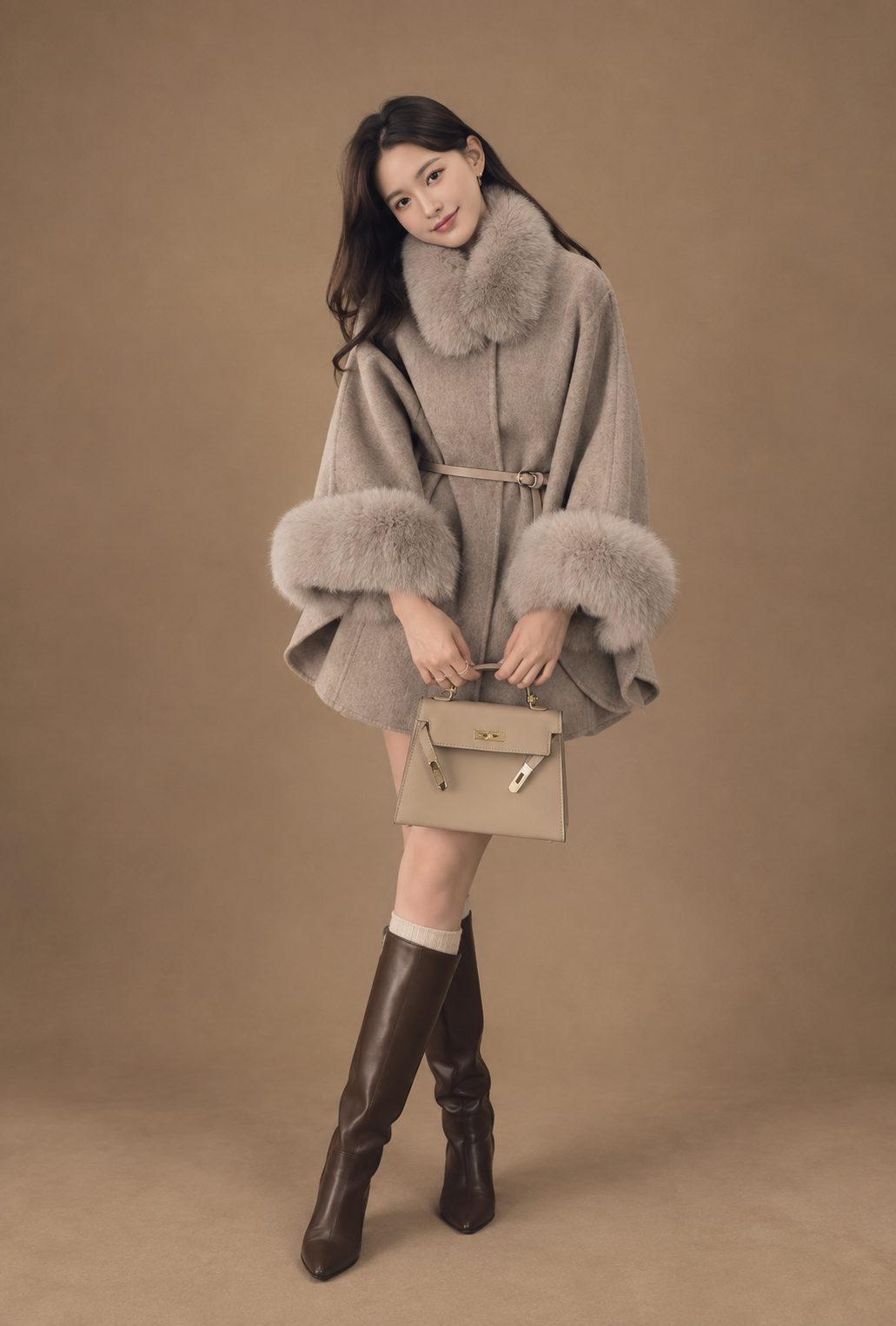 The Vivienne Cape Coat - Ivory · Taupe