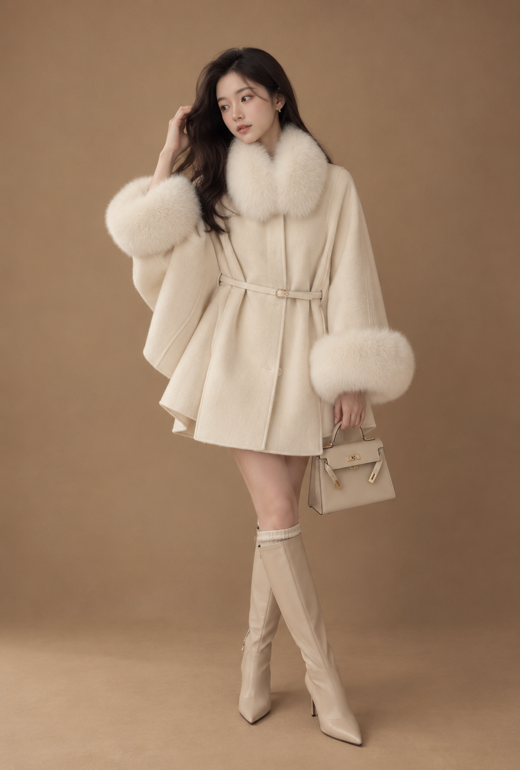 The Vivienne Cape Coat - Ivory · Taupe